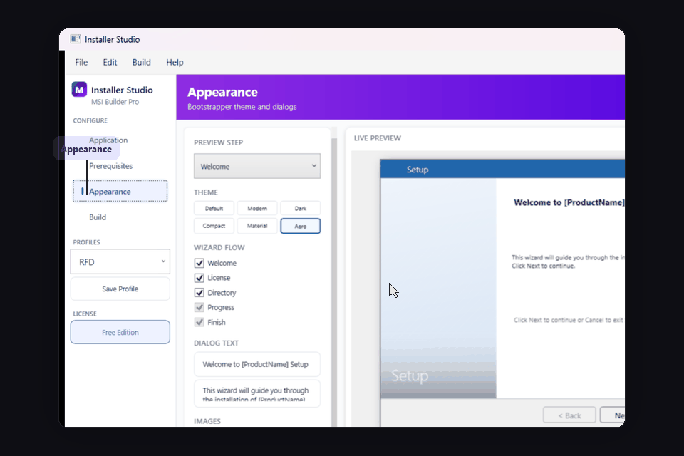 Appearance tab - choose from 6 themes including Modern, Dark, Material