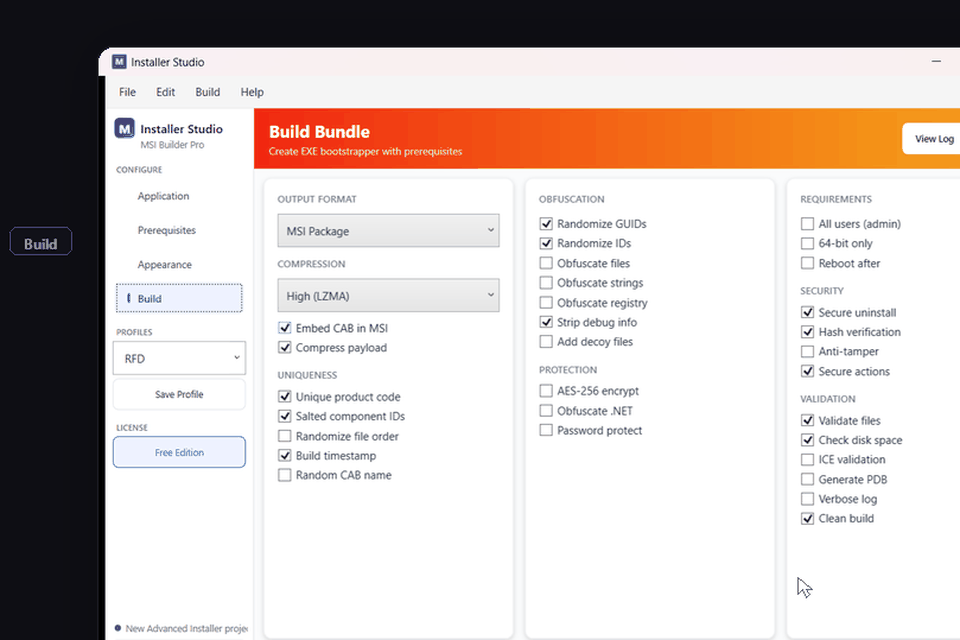 Build tab - compile MSI, MSIX, EXE with code signing and obfuscation